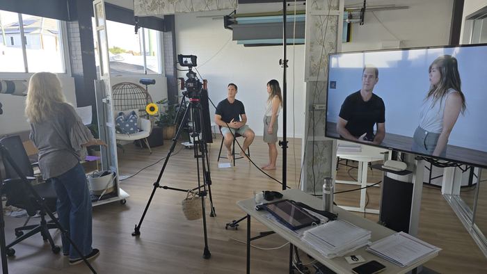 Filming a two-hander scene on the studio floor