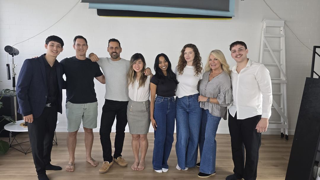 The six June 2026 actors with Sandra Bell and Wade Boyes in the Queensland Headshots studio